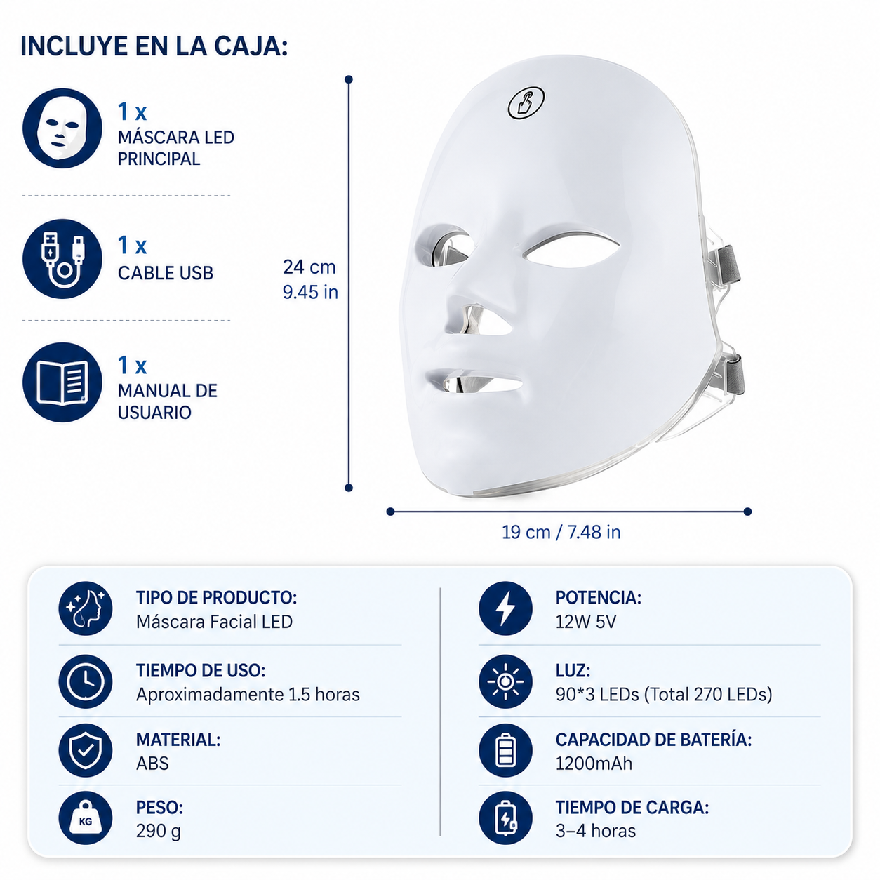 Contenido de la caja de la máscara facial GlowMask Pro 7