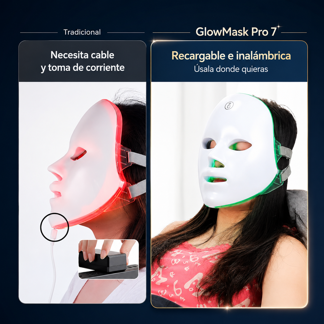 Comparación entre una máscara con cable y GlowMask Pro 7 inalámbrica