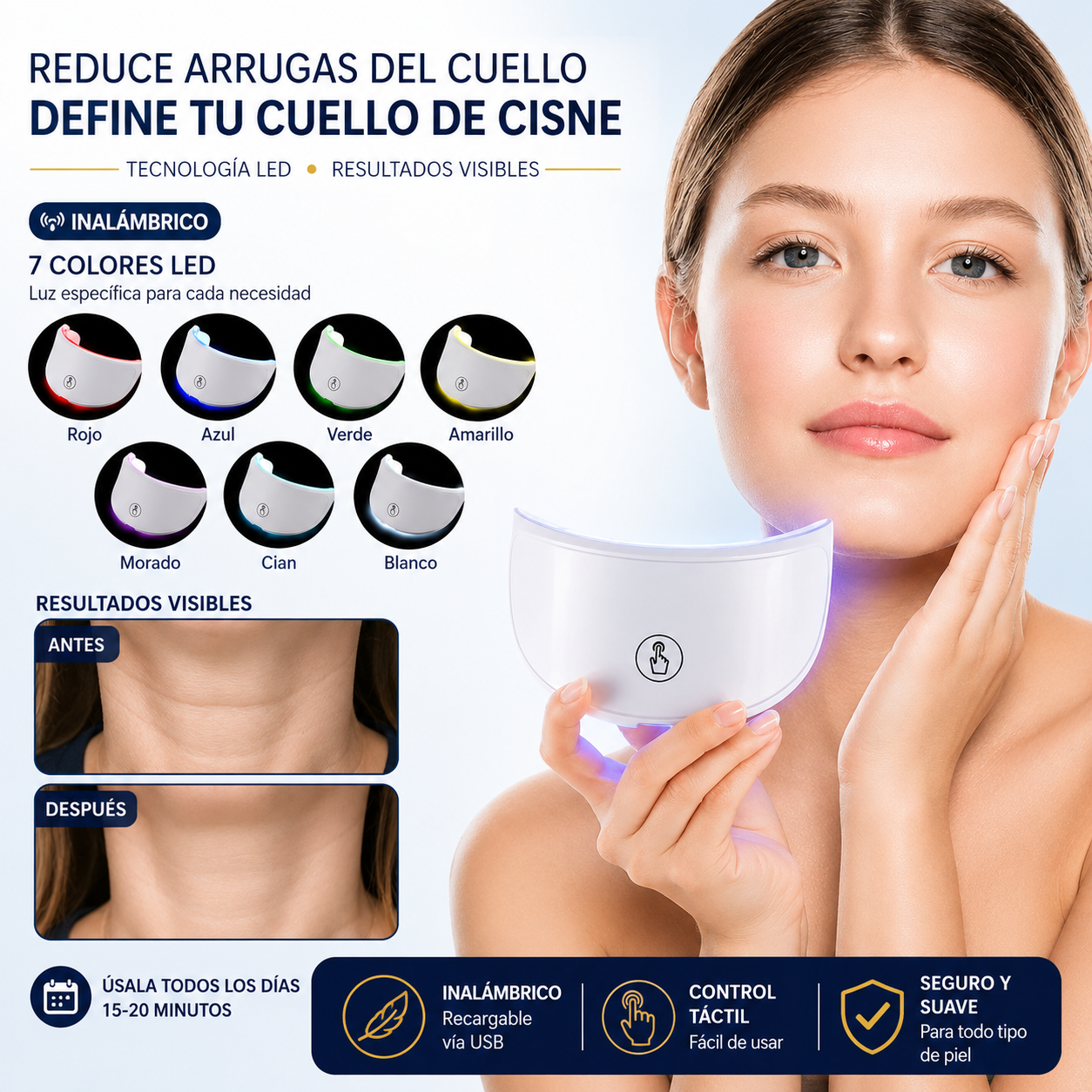 Modelo usando el dispositivo LED para cuello GlowMask Pro 7