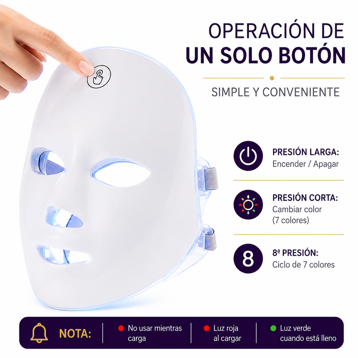 Máscara GlowMask Pro 7 con instrucciones de operación de un solo botón